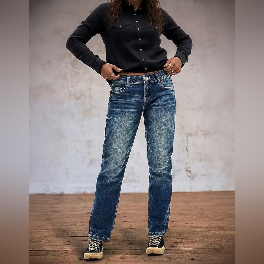 Flamingals Straight Leg Boyfriend Jeans for Women Trendy Mid Rise Wash Stretchy - Picture 2 of 11